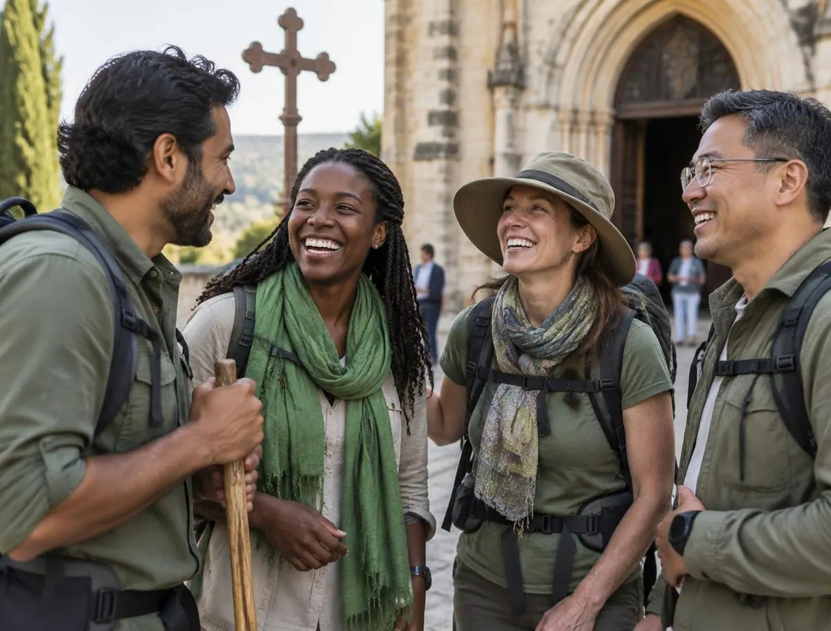 Pilgrims sharing joyful fellowship outside a church