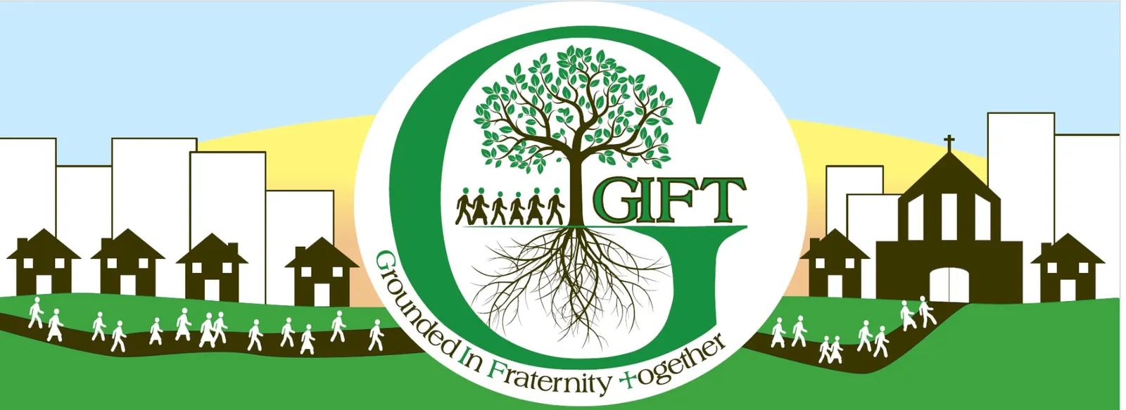 GIFT Pilgrimage banner with pilgrims walking toward a church